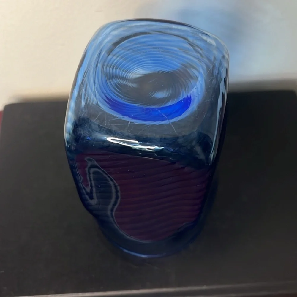 Handmade Blue Optic Squared Glass Tumbler Signed‎ Dated 17